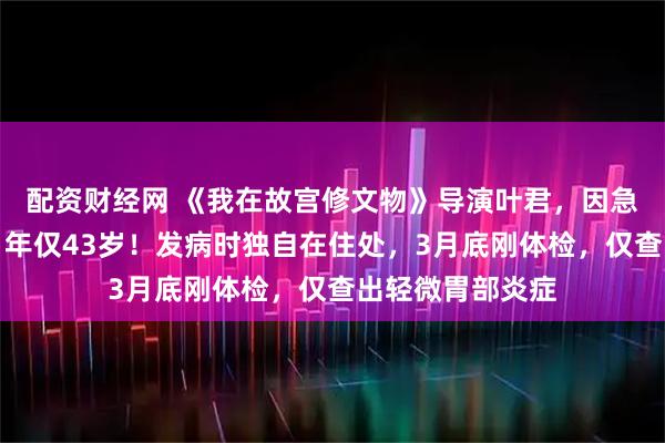配资财经网 《我在故宫修文物》导演叶君，因急性胃出血离世，年仅43岁！发病时独自在住处，3月底刚体检，仅查出轻微胃部炎症